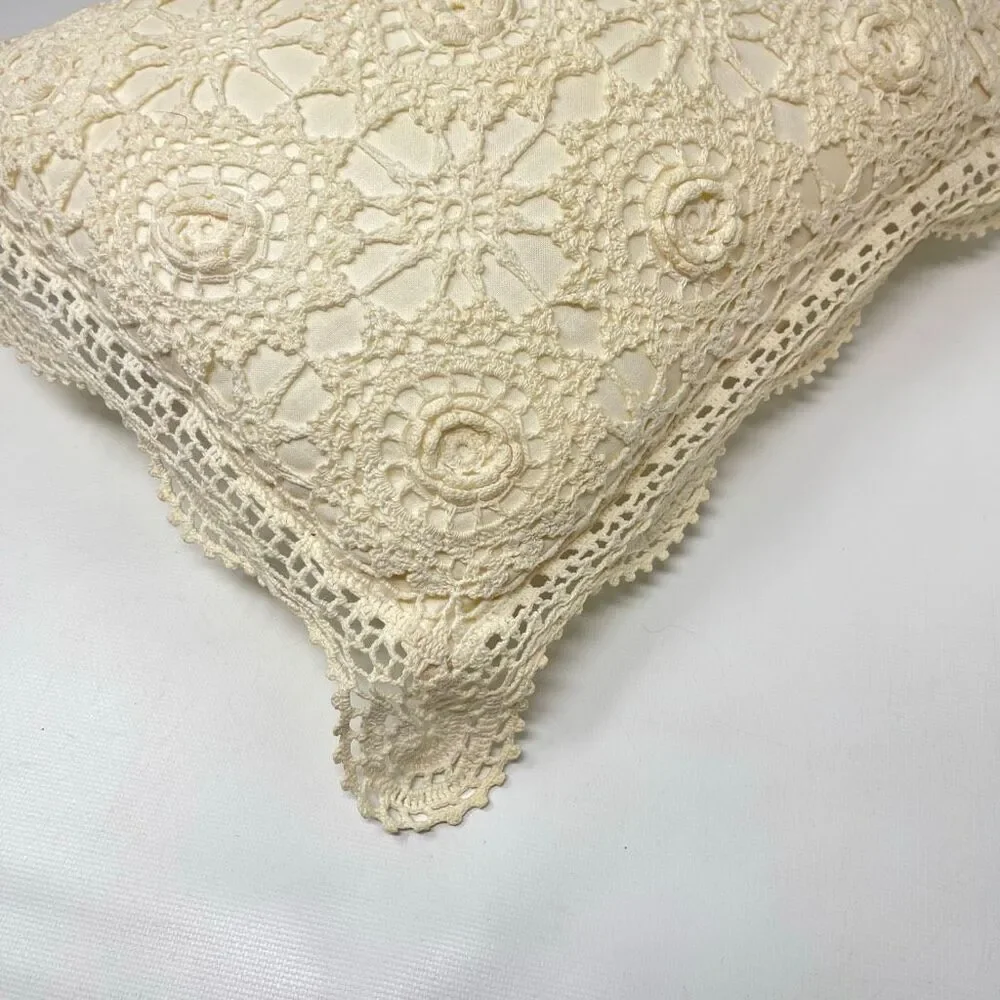 Vintage Hand Crochet Lace Throw Pillow Cover Cream Cotton Floral Boho 16x10